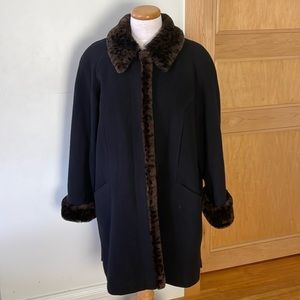 Vintage Lindor Petite Black Wool Coat With Faux Leopard Fur Trim, Size 16